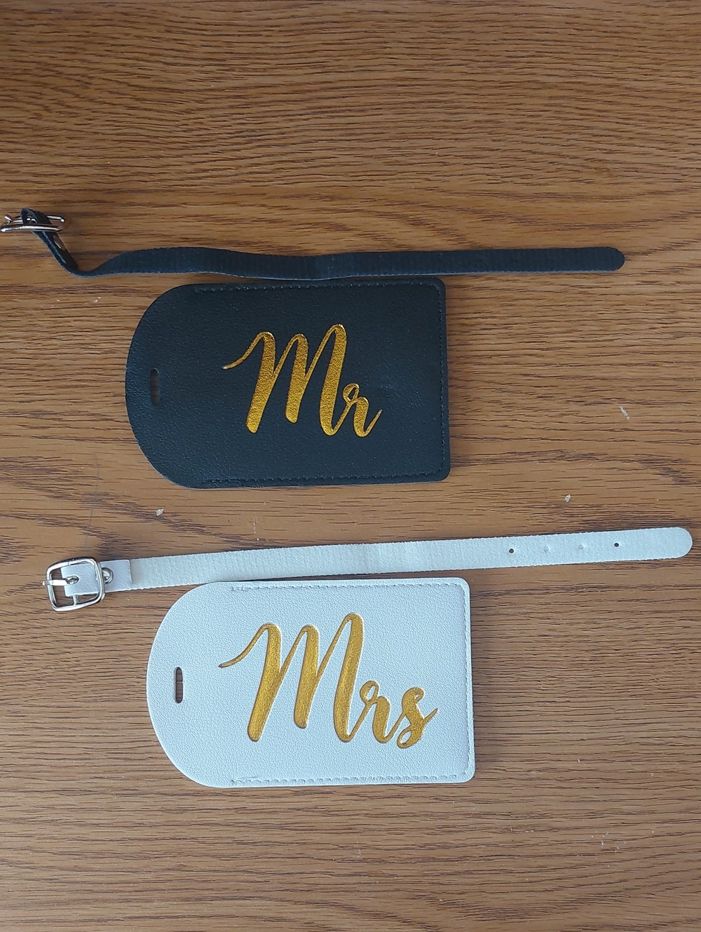Mr and Mrs Luggage Tags in Black and White with Gold Script